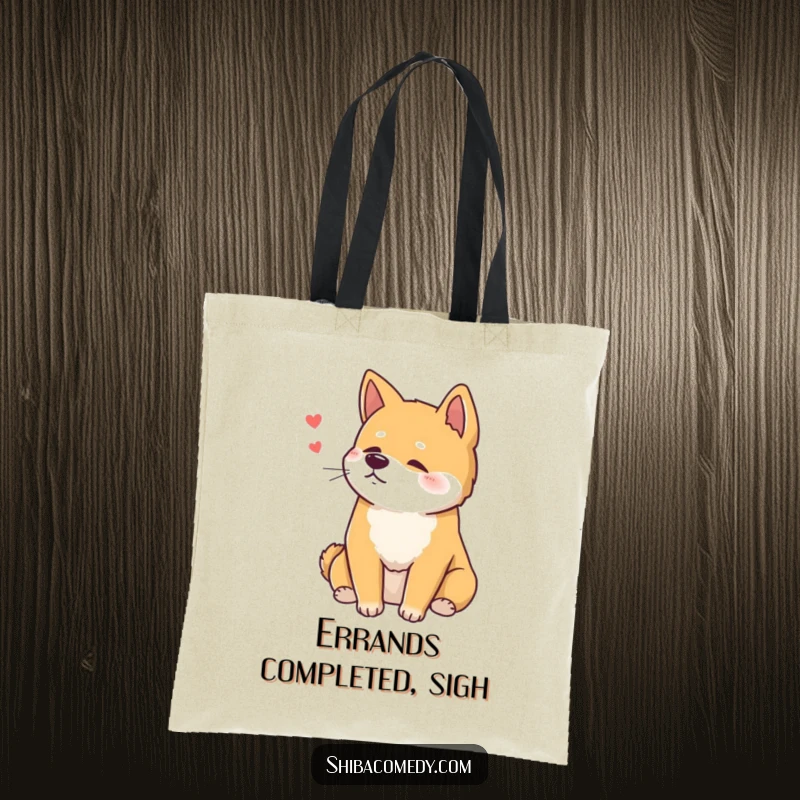 Funny Shiba Inu Tote Bag with a dog sitting with a contented sigh, a practical and humorous gift.