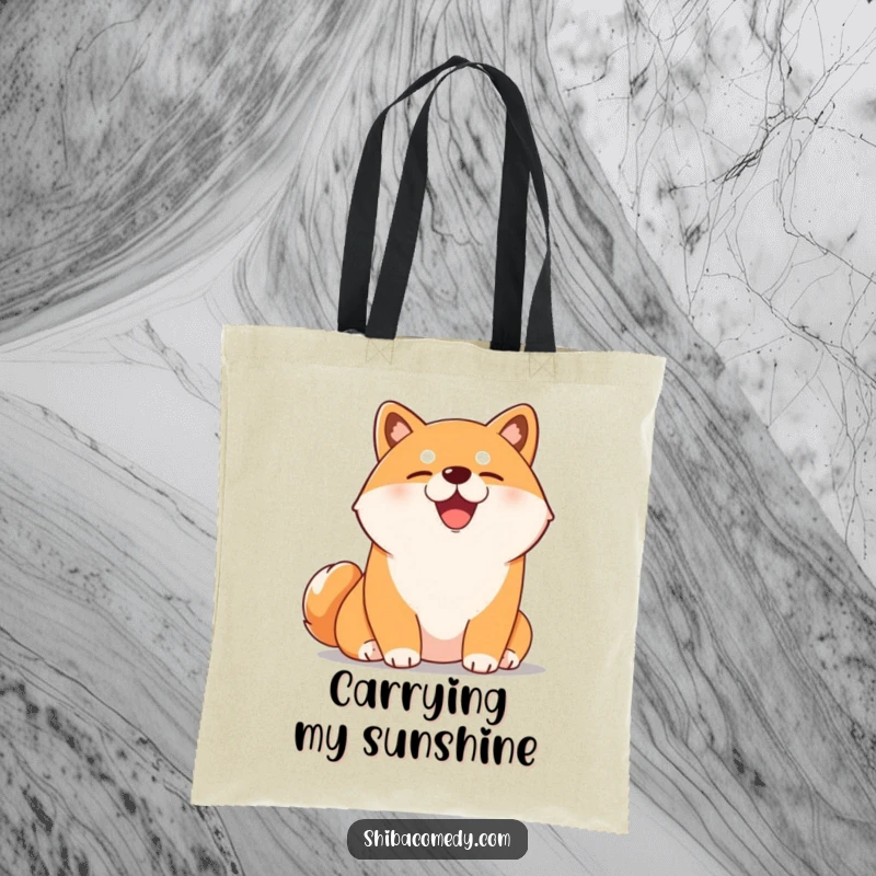 Funny Shiba Inu tote bag featuring a content dog enjoying a sunny spot with eyes closed, perfect for shopping.