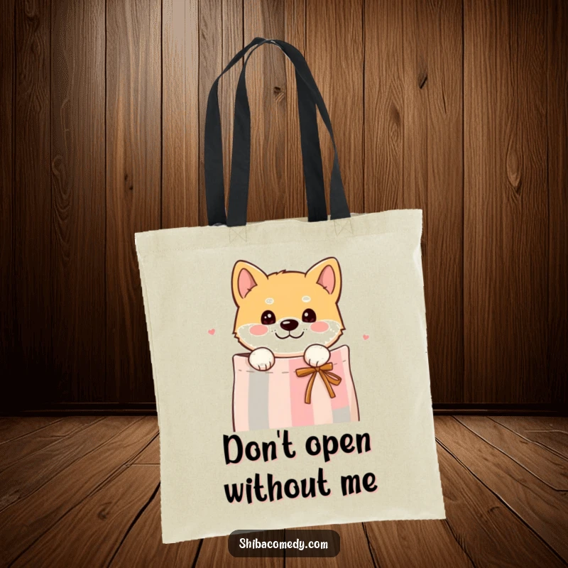 Funny tote bag with a curious Shiba Inu dog peeking its head out from a gift bag, ready for playful adventures.