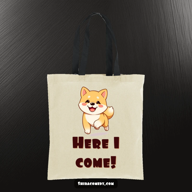 Funny happy Shiba Inu tote bag showing a dog running towards the viewer with its tail wagging, full of excitement.