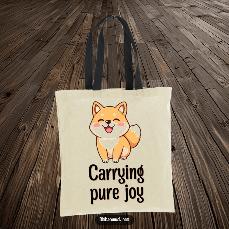 Funny happy Shiba Inu dog smiling and wagging its tail on a durable tote bag, perfect for carrying essentials with canine delight.