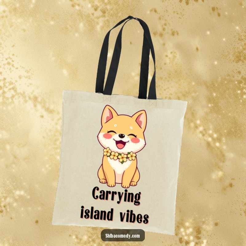 Funny Shiba Inu tote bag with a happy dog wearing a colorful flower lei, perfect for shopping or beach trips.