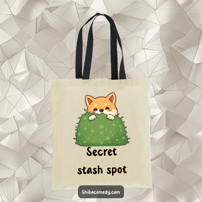 Funny mischievous Shiba Inu tote bag showing a dog peeking out from behind a bush, conveying playful secrecy.