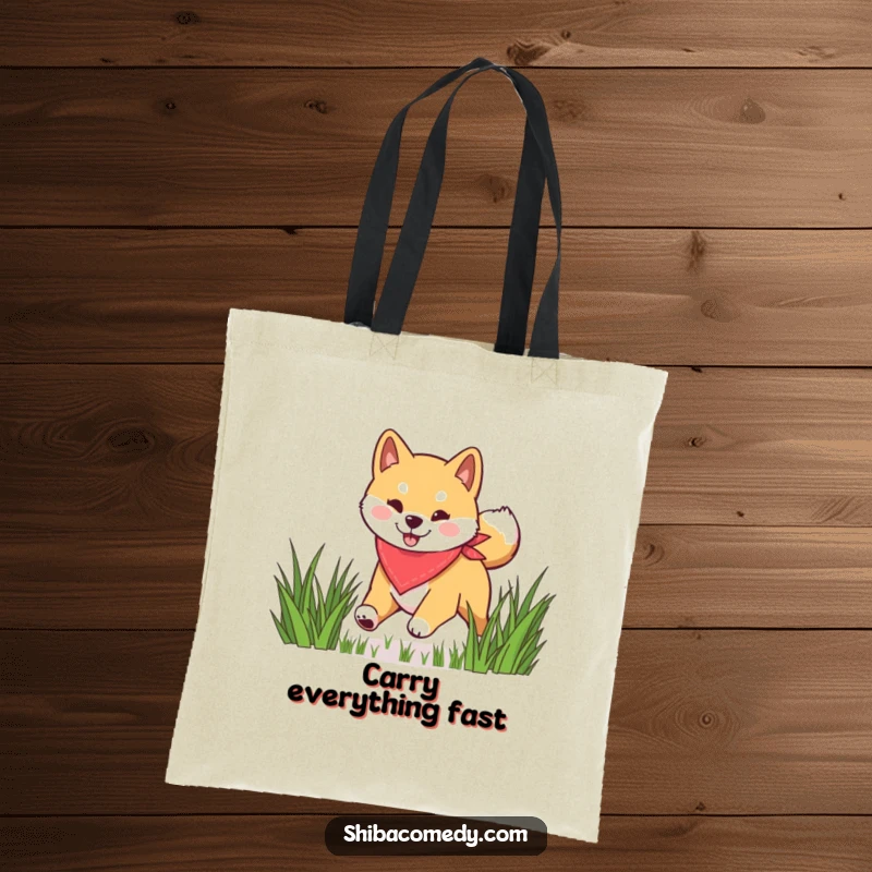 Funny Shiba Inu tote bag featuring a happy dog in a bandana, energetically bounding through grass, ready for any outing.