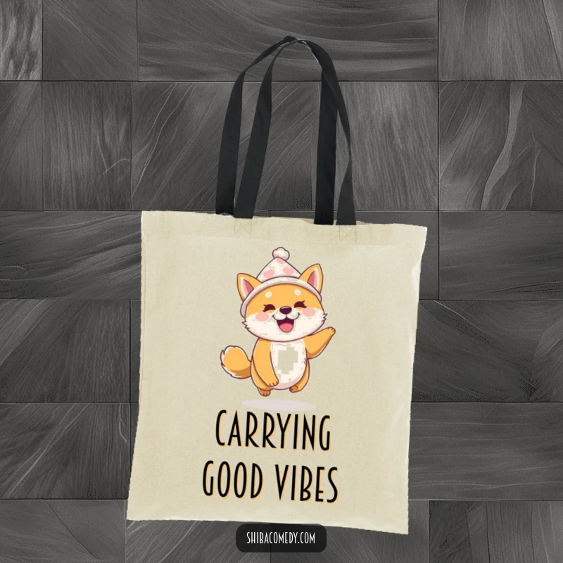 Funny Shiba Inu Tote Bag: A delighted Shiba Inu wearing a tiny hat bounces with excitement, perfect for carrying items with humor.