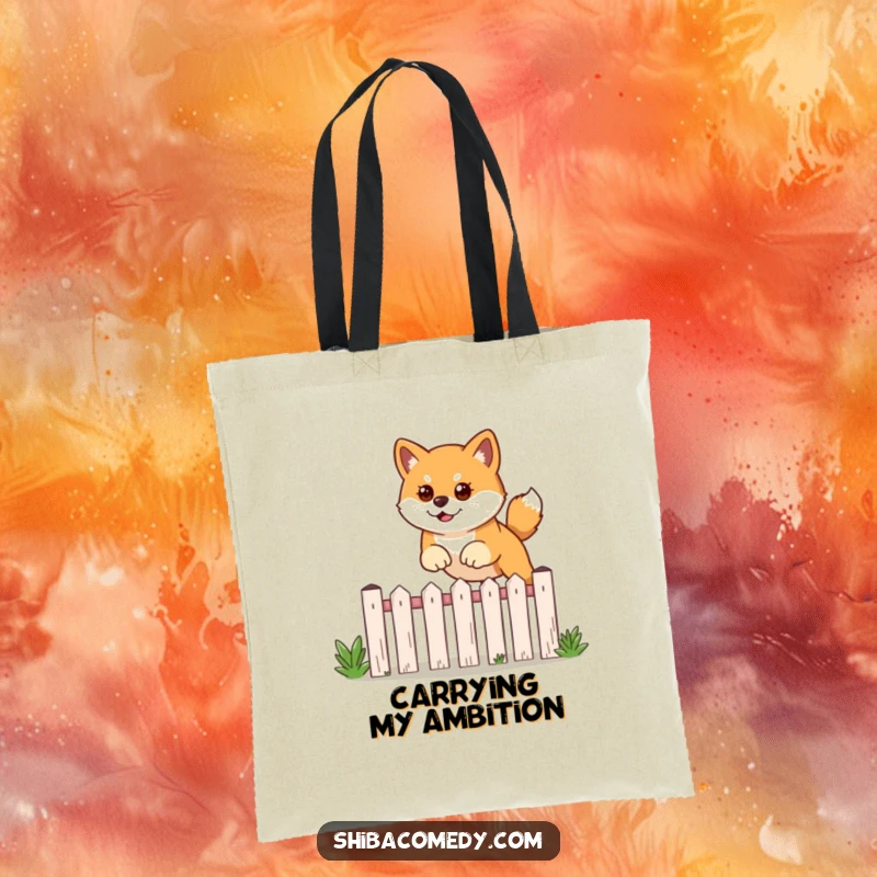 Funny tote bag showcasing a determined Shiba Inu dog in the act of leaping over a low garden fence.