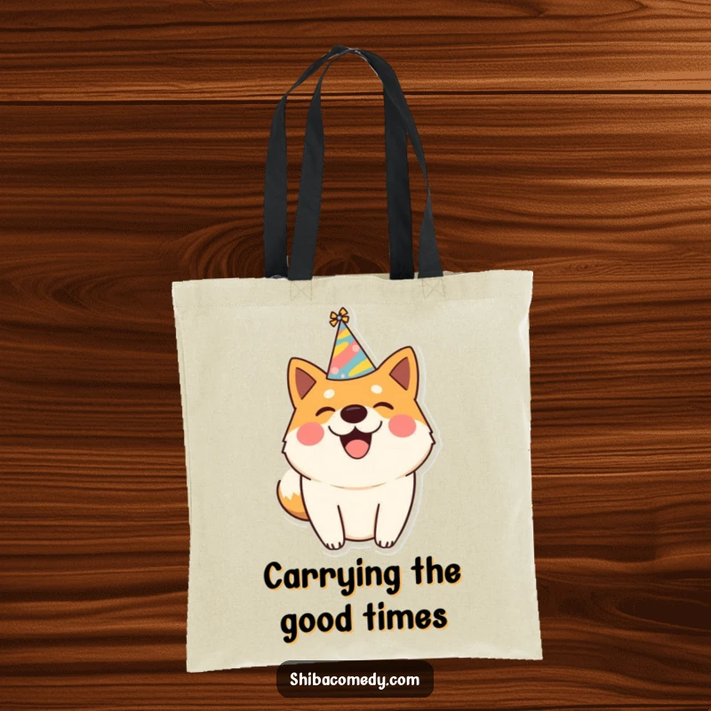 Funny tote bag with a joyful Shiba Inu wearing a party hat and wagging its tail, ready for any celebration.