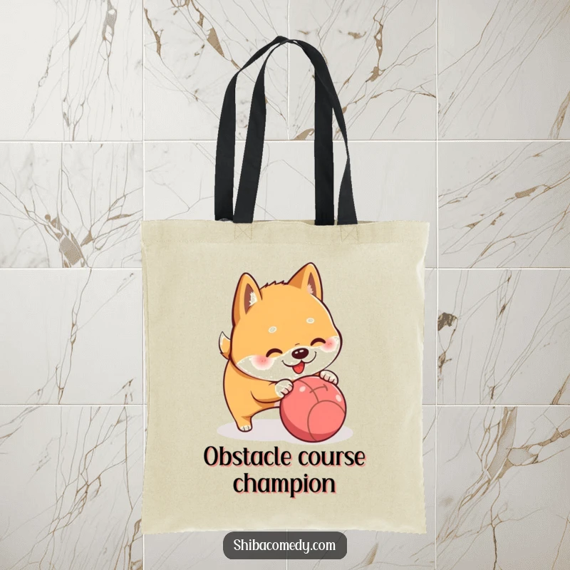Funny Shiba Inu playfully nudging a rolling ball, a humorous and practical tote bag.