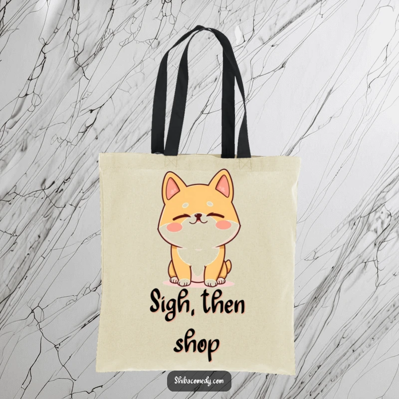 Funny Shiba Inu tote bag depicting a dog with eyes closed, in a hilarious, happy sigh pose, radiating pure calm.
