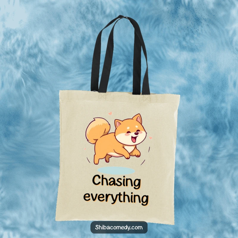Funny Shiba Inu dog in a continuous spin chasing its tail on a durable tote bag, perfect for carrying essentials with a side of doggy silliness.