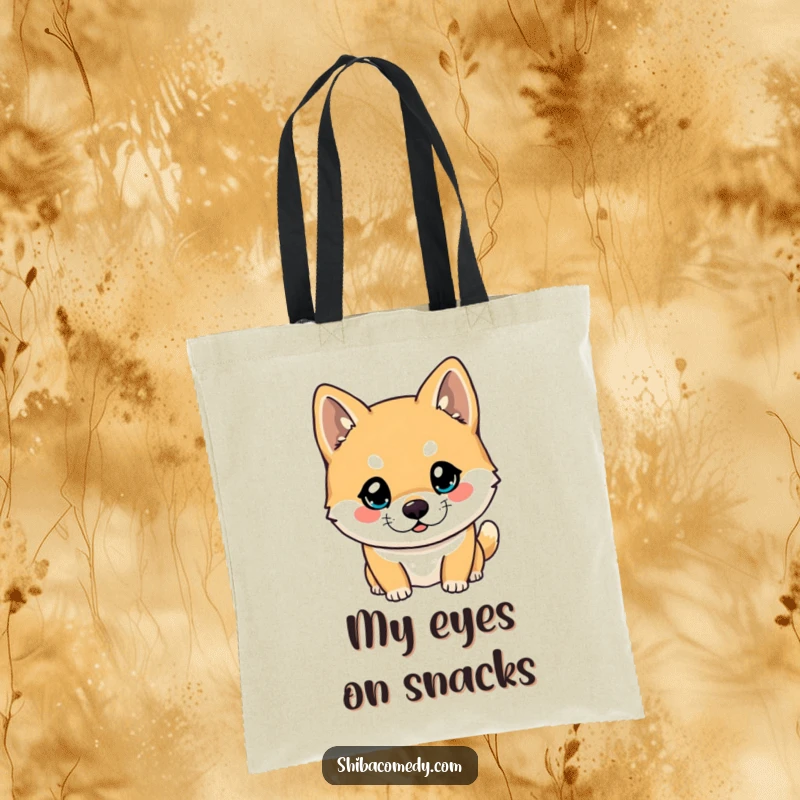Funny Shiba Inu tote bag featuring a dog with wide, bright, curious eyes looking ahead, perfect for carrying daily essentials with style.