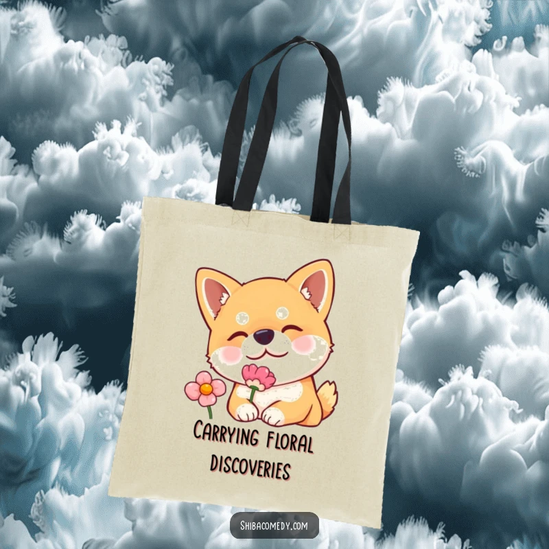 Funny tote bag featuring a Shiba Inu dog curiously sniffing a flower, ideal for carrying essentials with a touch of cuteness.
