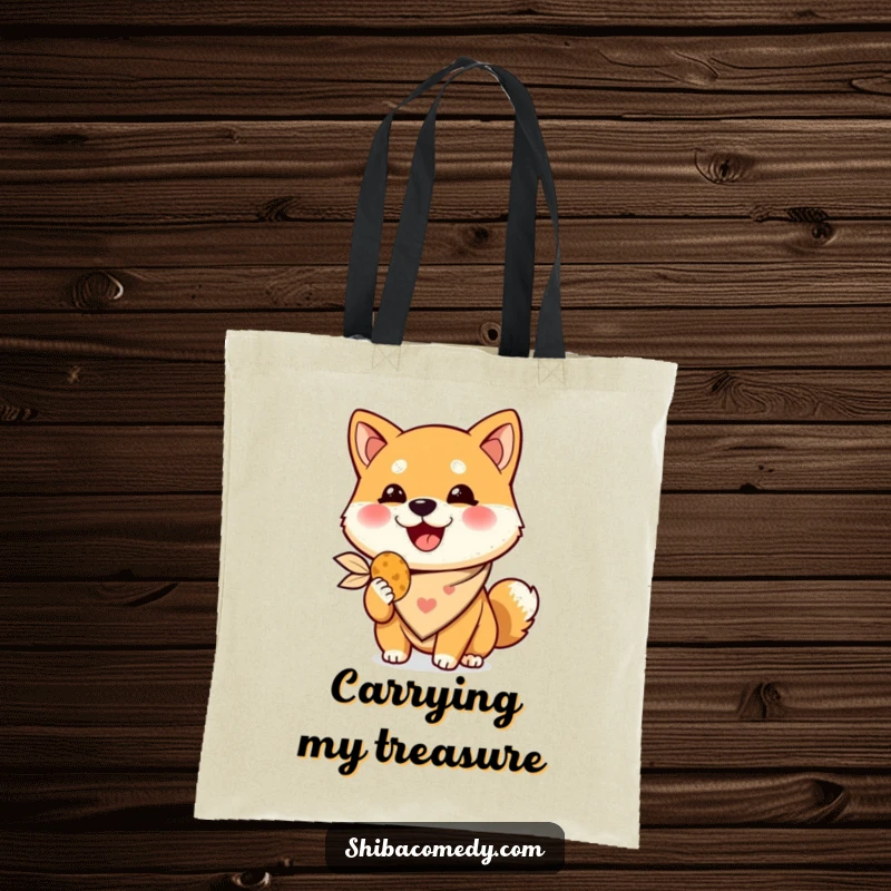 Funny Shiba Inu tote bag, a happy dog in a bandana holds its favorite treat, practical humorous accessory.