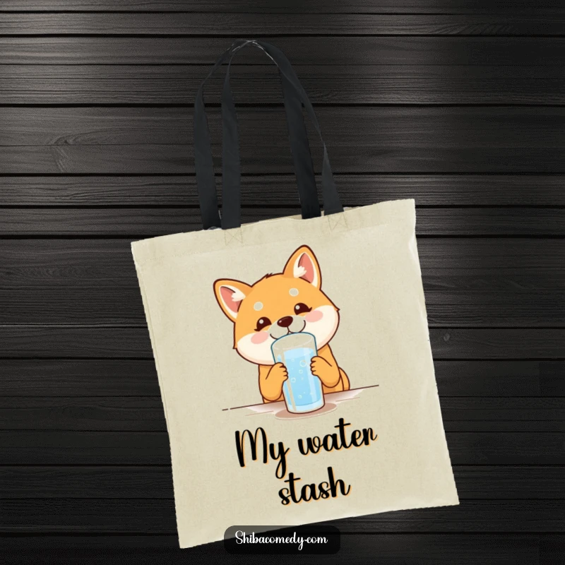 Funny Shiba Inu Tote Bag: A happy dog drinks water with glee, an eco-friendly and hilarious accessory for dog lovers.
