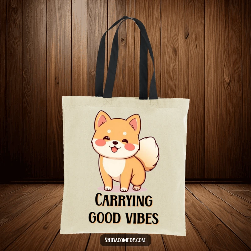 Funny Shiba Inu Tote Bag with a happy dog wagging its fluffy tail, a practical and humorous gift.