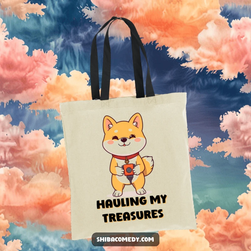 Funny Shiba Inu Tote Bag: A proud Shiba Inu stands with a toy, showcasing its winning spirit and playful ownership.