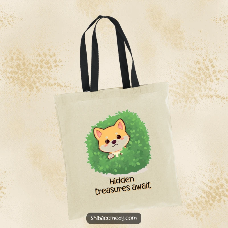 Funny Shiba Inu Tote Bag with a curious dog peeking from behind a bush, a practical and humorous gift.