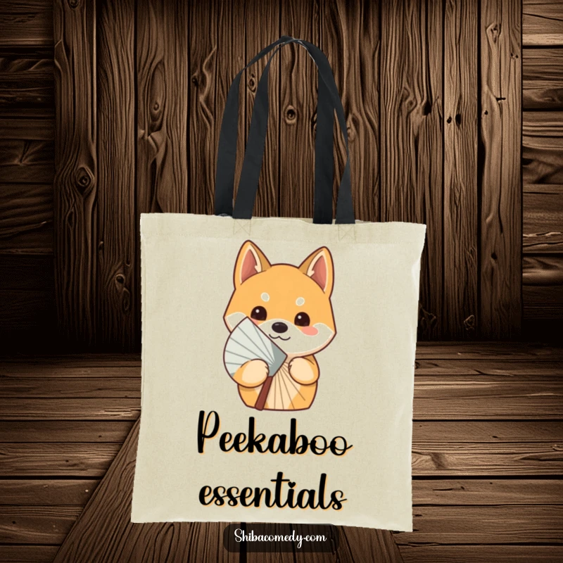 Funny curious Shiba Inu dog peeking from behind a fan on a durable tote bag, perfect for carrying essentials with a side of playful secrecy.